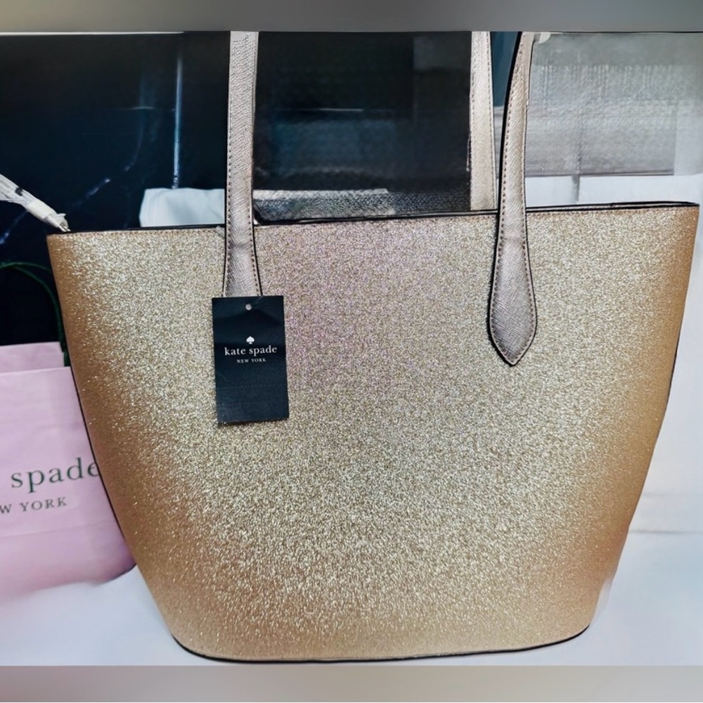 Kate Spade Lrg Gold Glitter Tote Shoulder Bag NWT - Picture 4 of 17